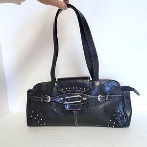 REAL Leather Purse Bag, Dark BROWN, Long Slim Shoulder Straps, Silver Trim, EUC